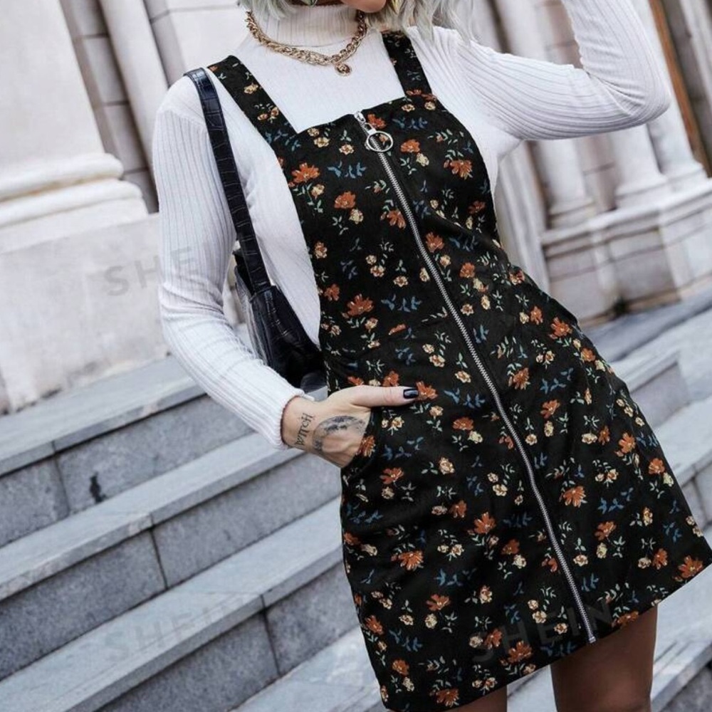 Corduroy Floral Print Zipper Front Overall Dress